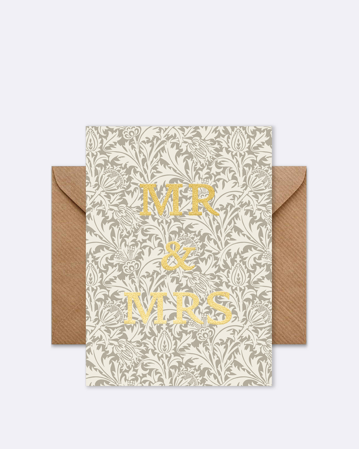 Doppelkarte mit floralen Muster in Grau und beigem Schriftzug "MR & MRS"