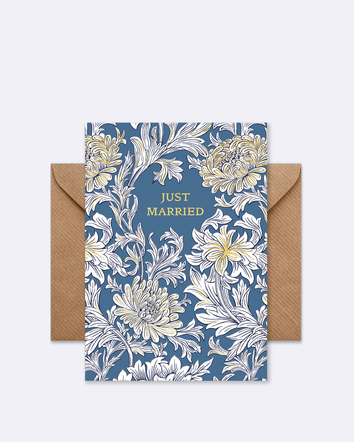 Doppelkarte mit floralen Mustern auf blauem Hintergrund mit Schriftzug "JUST MARRIED"