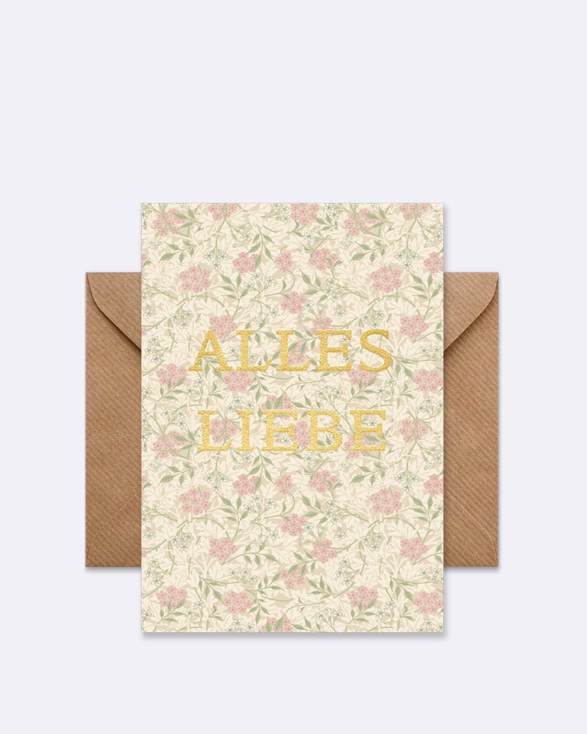 Doppelkarte mit floralem Muster in Rosa und Grün mit Schriftzug "ALLES LIEBE"