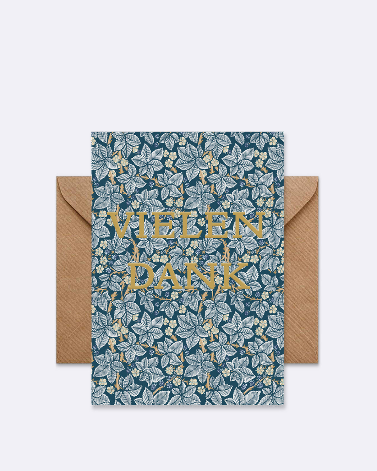 Doppelkarte mit floralem Muster in Blau und Braun mit Schriftzug "VIELEN DANK"