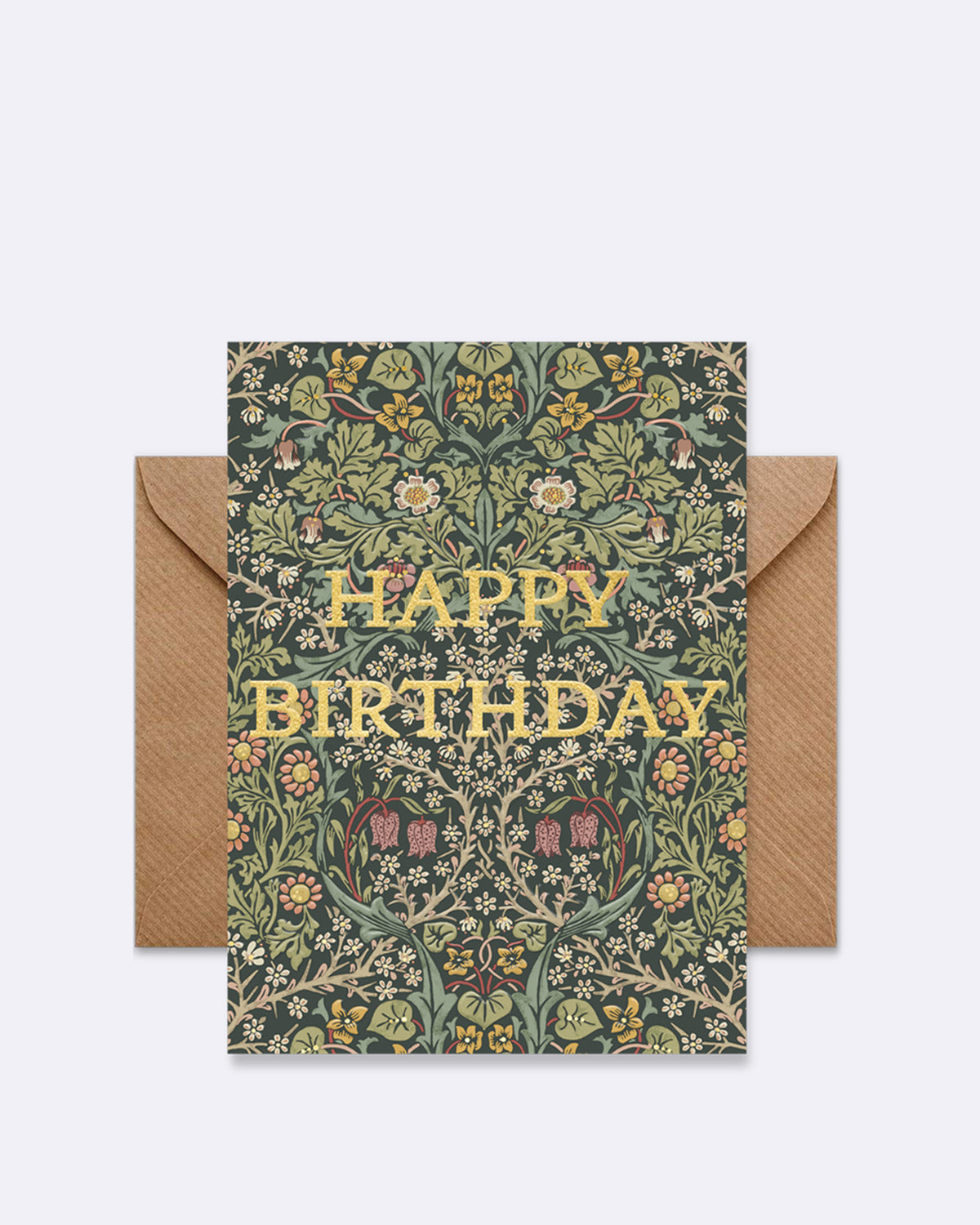 Doppelkarte mit floralen Mustern in Grün und Gelb mit Schriftzug "HAPPY BIRTHDAY"
