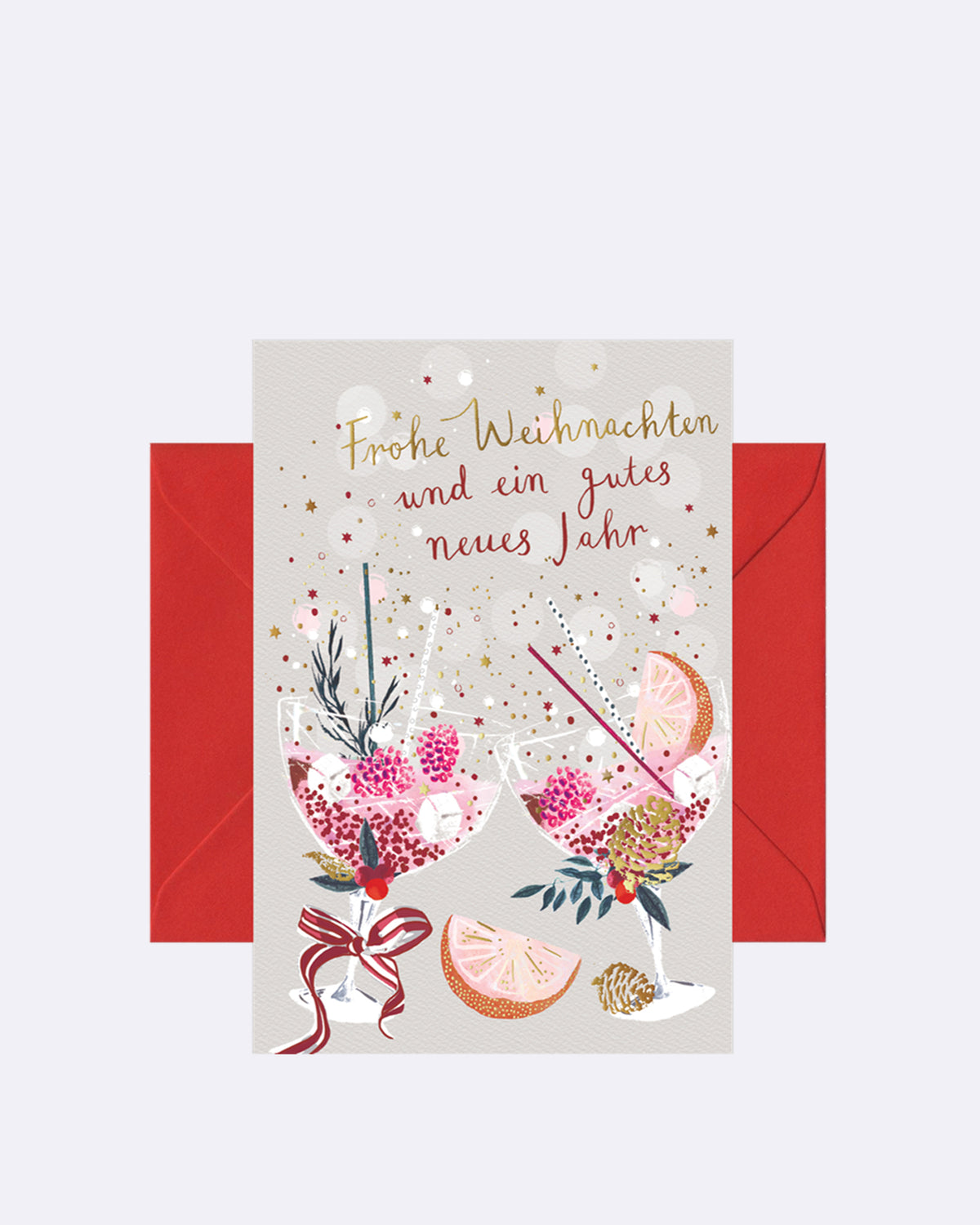 Grußkarte mit roten Umschlag, zwei Weingläsern und Schriftzug "Frohe Weihnachten" und ein gutes neues Jahr