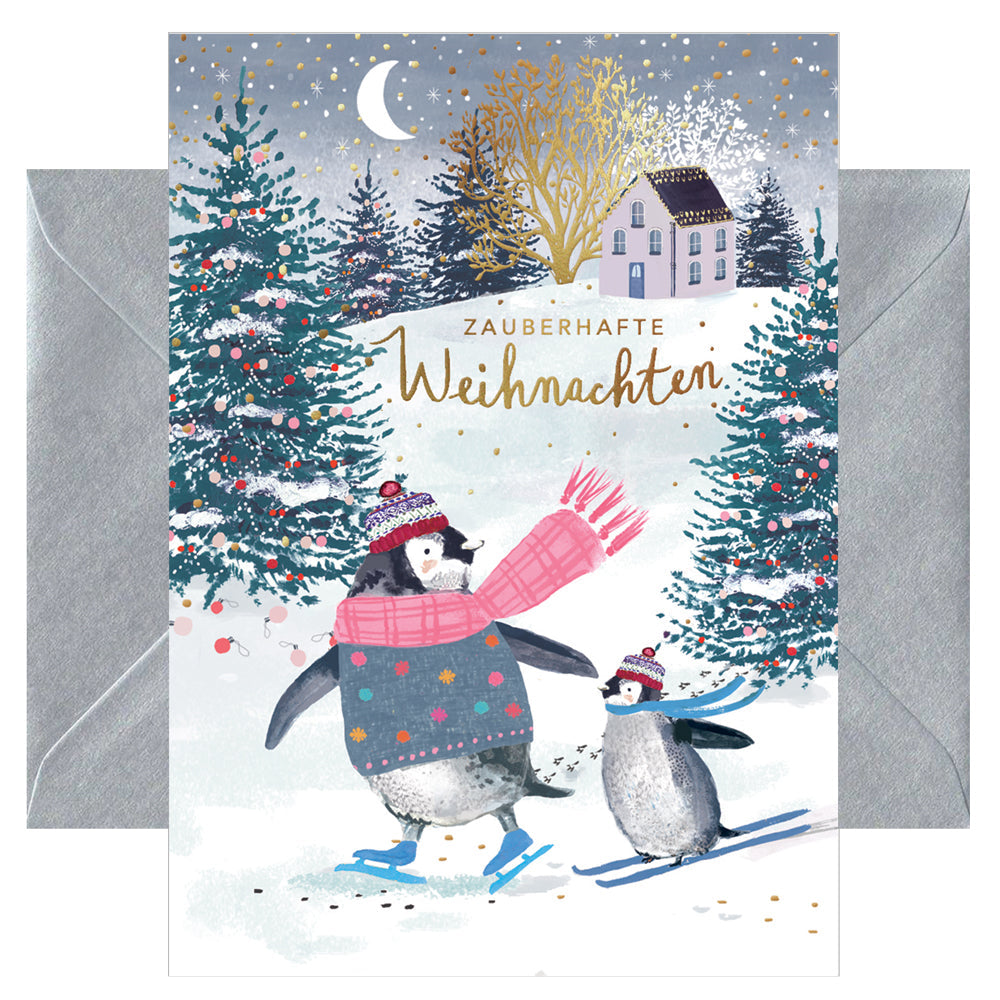 Aufklappbare Postkarte mit Umschlag mit abgebildetem Weihnachtsdorf und Pinguinen