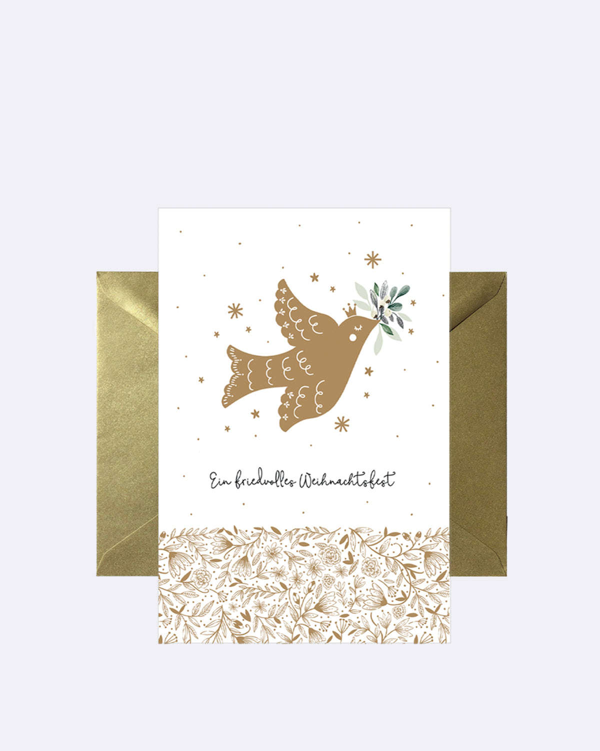 Postkarte mit goldener Taube und floralem Muster mit Schriftzug "Ein friedvolles Weihnachtsfest"