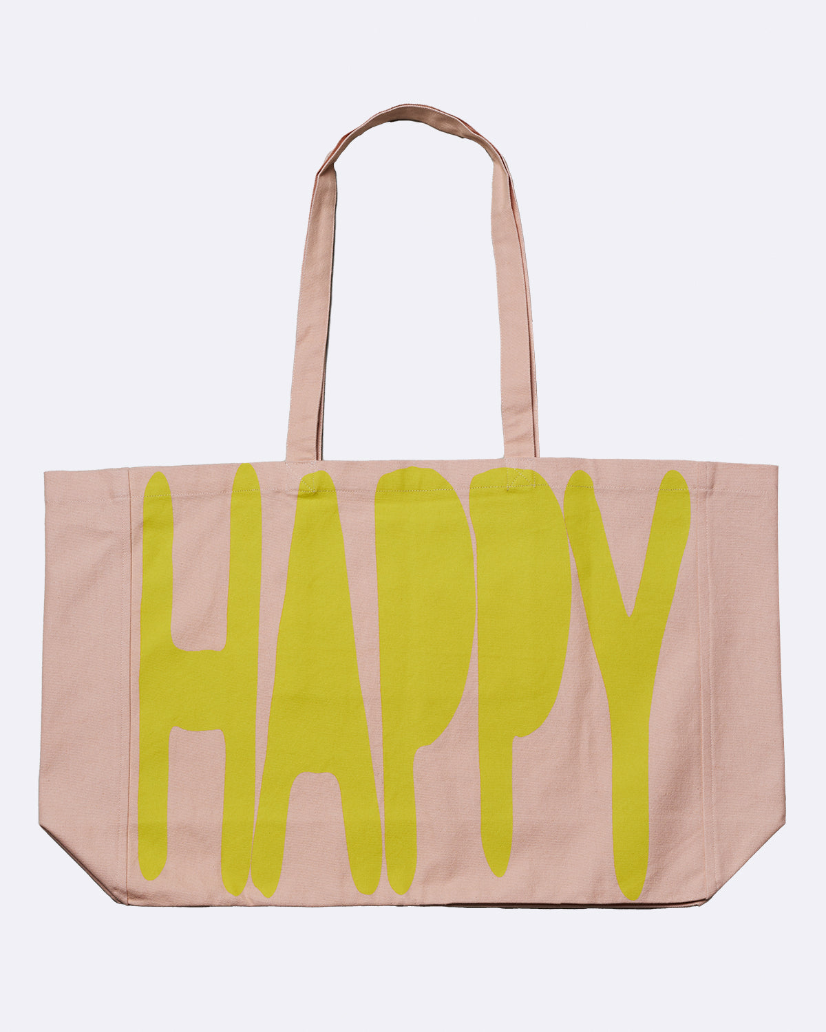 Tragetasche aus Bio-Baumwolle in Beige mit gelbem Schriftzug "HAPPY"