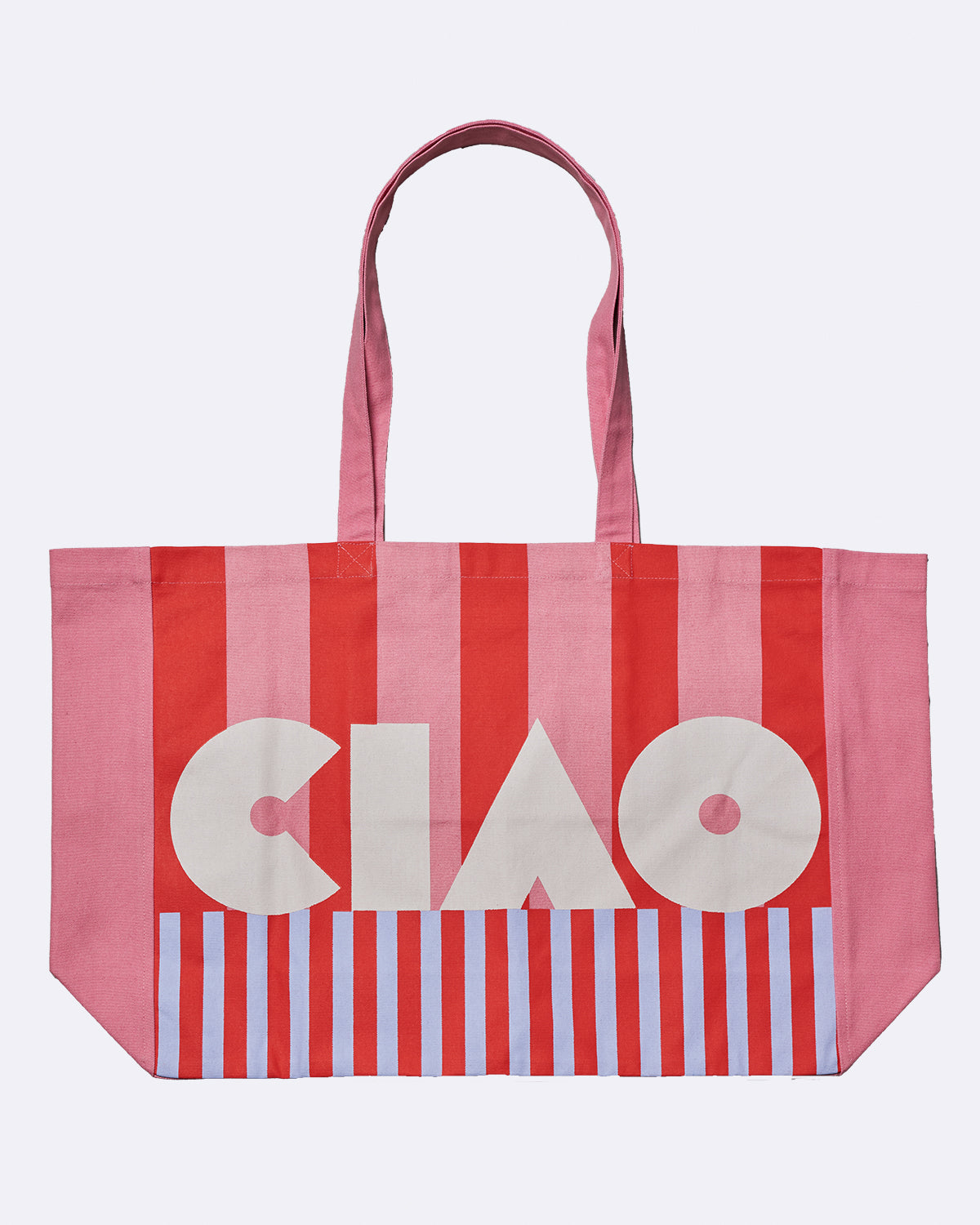 Baumwolltasche mit roten und rosa Streifen und Schriftzug "CIAO"
