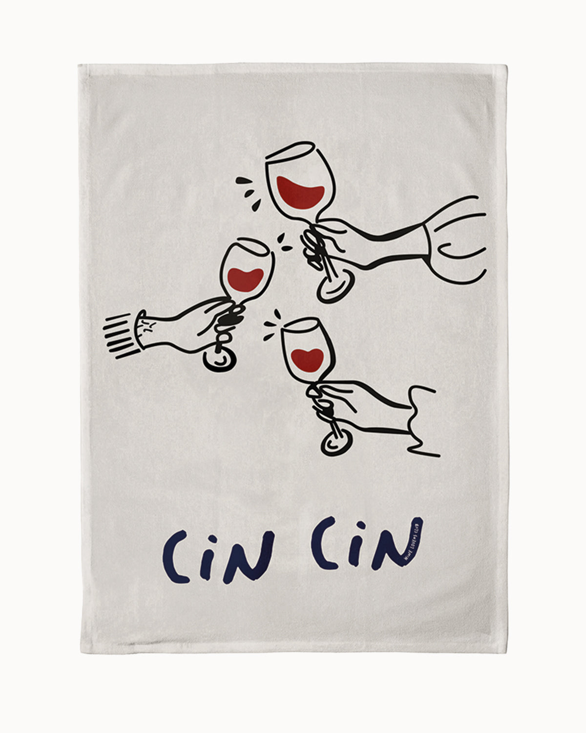 Küchentuch aus Bio-Baumwolle in Weiß mit schwarzen Umrissen von Händen und Weingläsern sowie Schriftzug "Cin Cin"