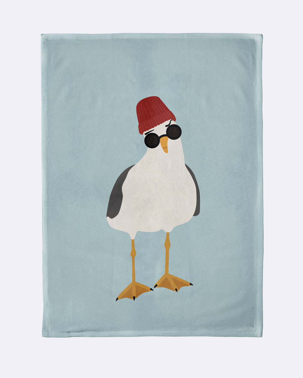 Decke mit Möwe auf blauem Hintergrund, roter Mütze und Sonnenbrille
