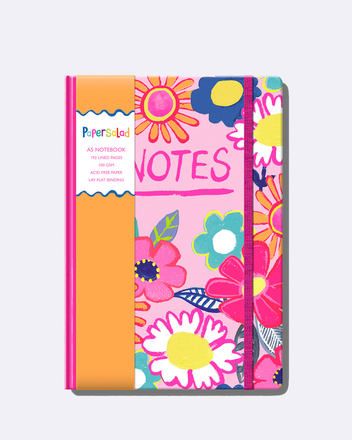 Notizbuch mit Verschlussgummi in pink mit bunten Blumen