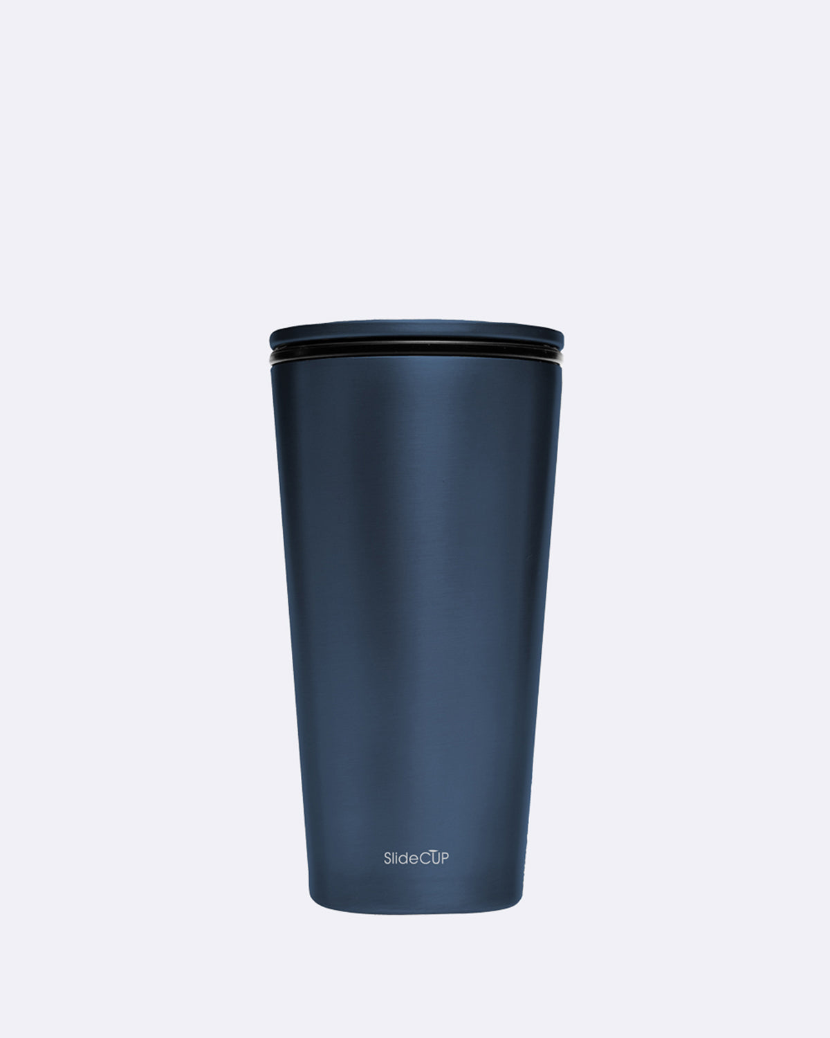 Reisebecher aus Edelstahl in Dunkelblau mit Schriftzug "SlideCUP"