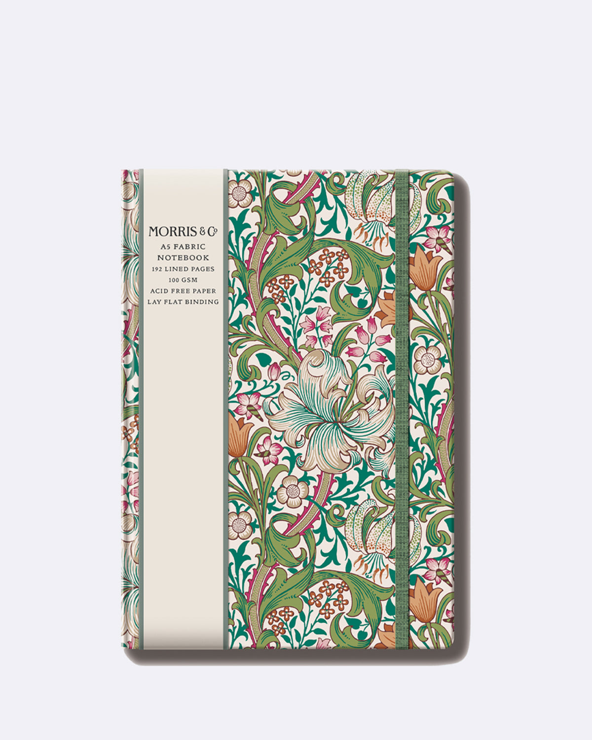 Notizbuch A5 mit floralem Muster in Grün und Rosa mit Schriftzug "MORRIS & CO A5 FABRIC NOTEBOOK"