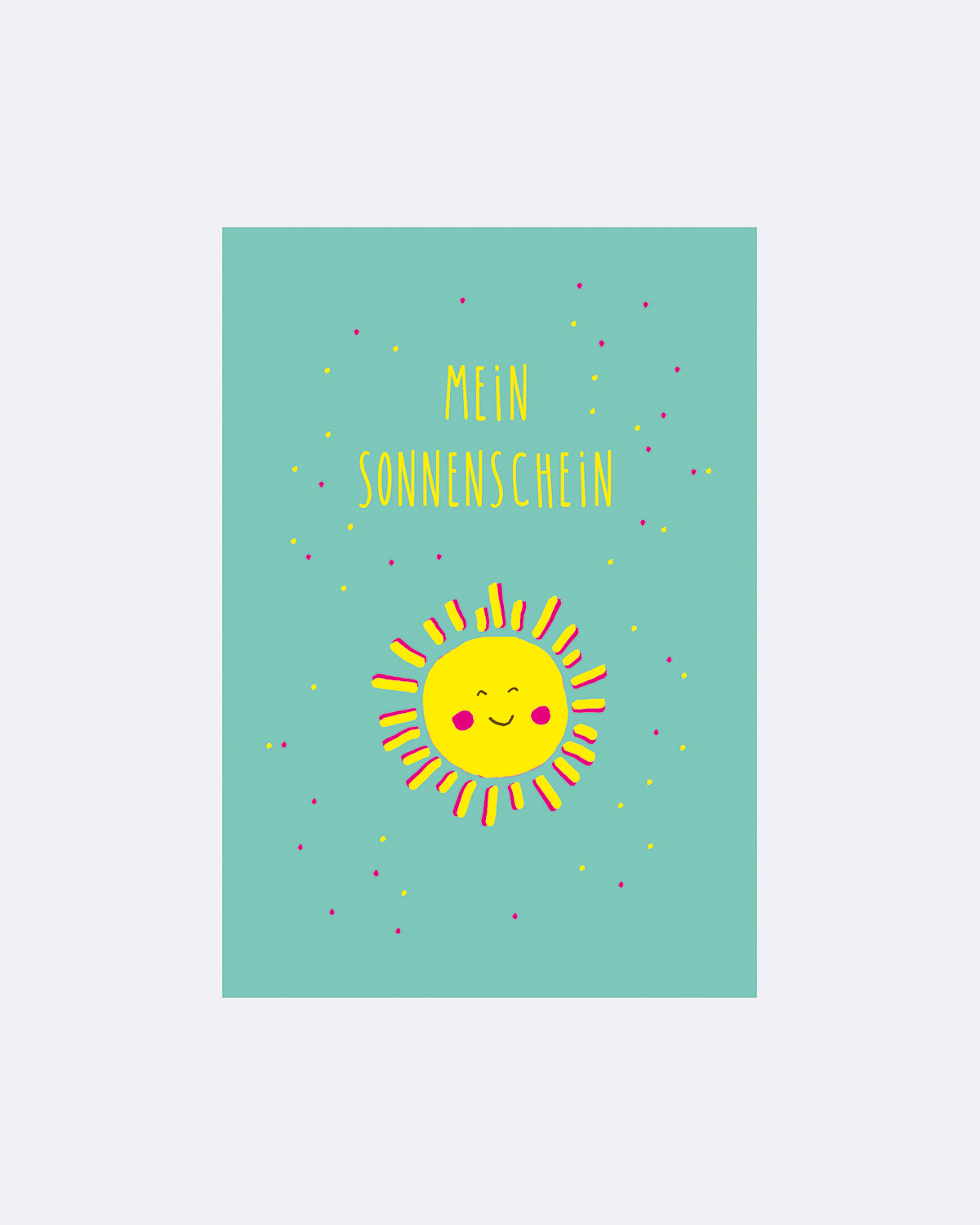Postkarte mit gelber Sonne und Schriftzug "MEIN SONNENSCHEIN" auf türkisfarbenem Hintergrund