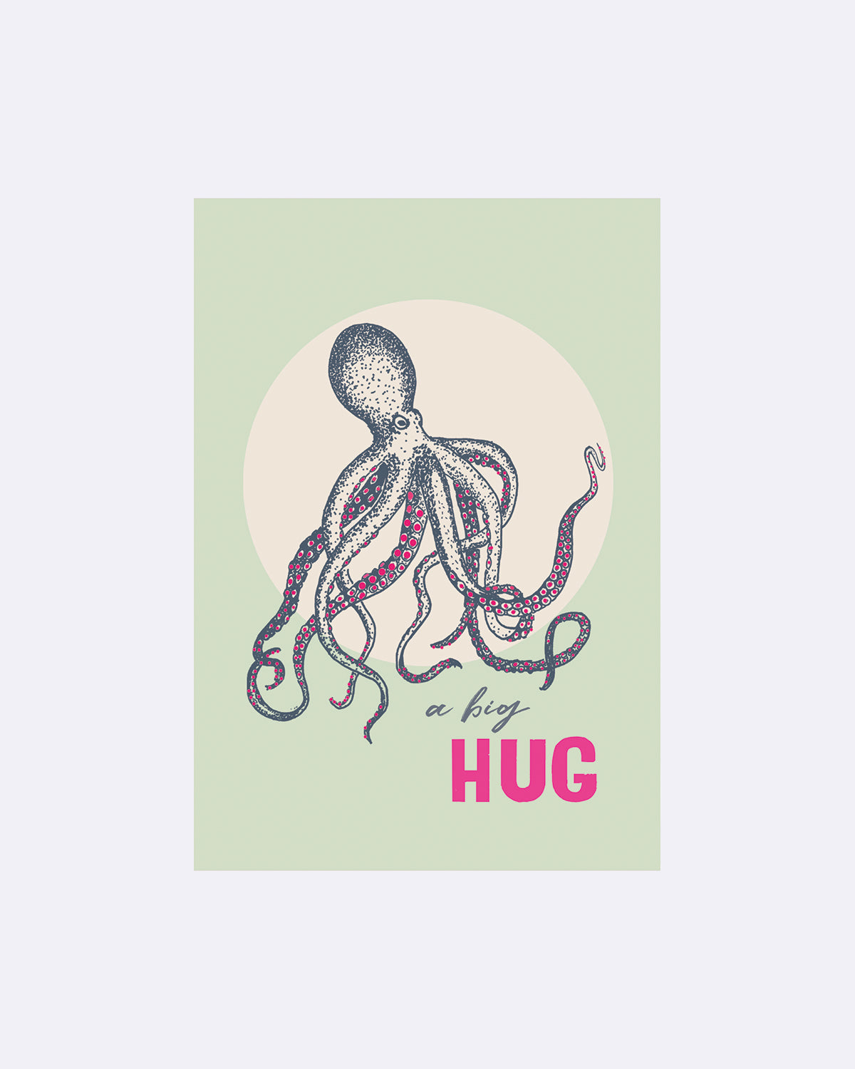 Postkarte mit Oktopus und rosa Schriftzug "a big HUG" auf mintgrünem Hintergrund