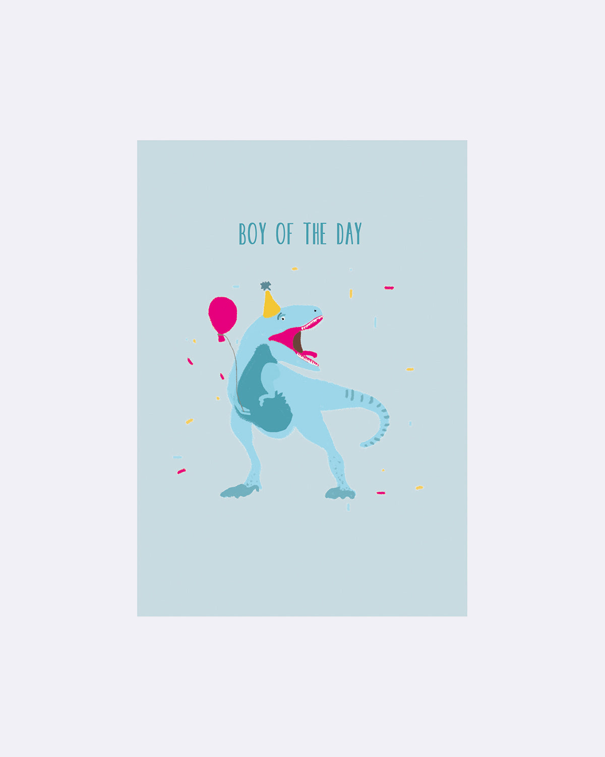 Postkarte mit blauem Dinosaurier und rosa Ballon mit Schriftzug "BOY OF THE DAY"