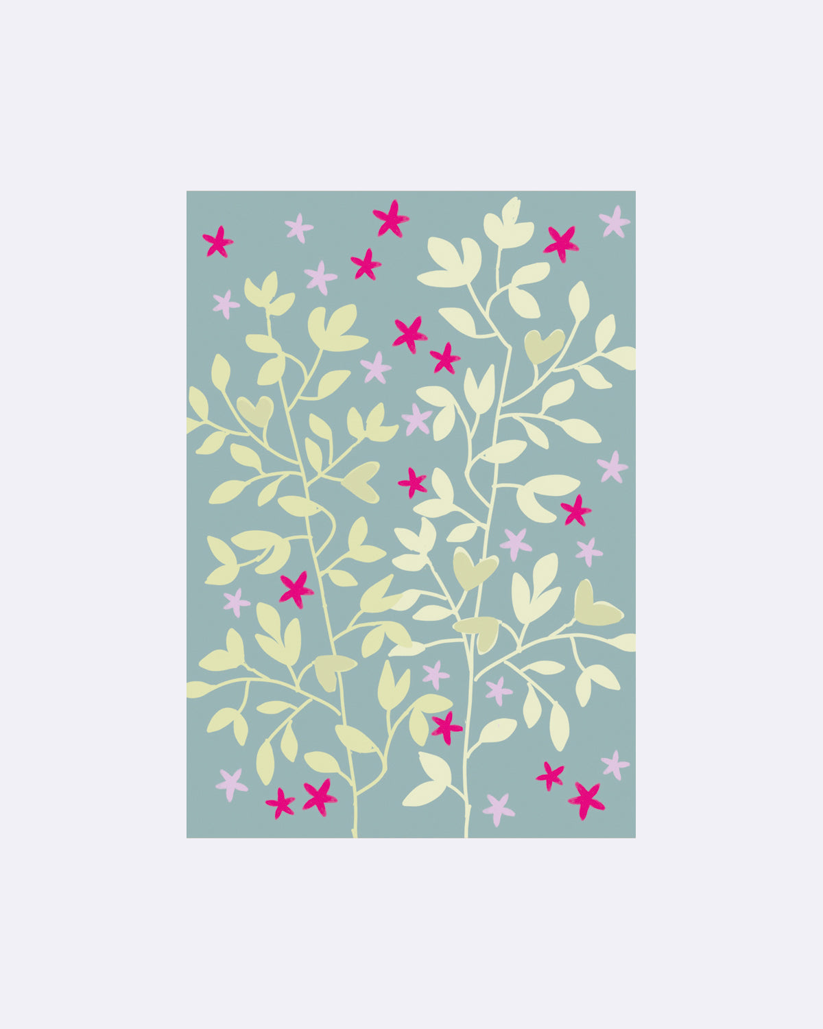 Postkarte mit Blättermotiv in Beige und pinken sowie lila Sternen auf hellblauem Hintergrund