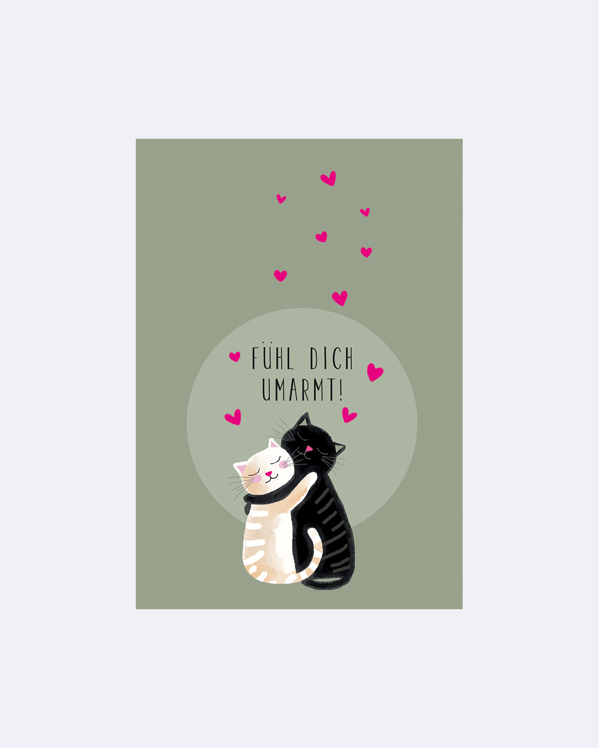 Postkarte mit zwei umarmenden Katzen und pinken Herzen auf grünem Hintergrund mit Schriftzug "Fühl dich umarmt"