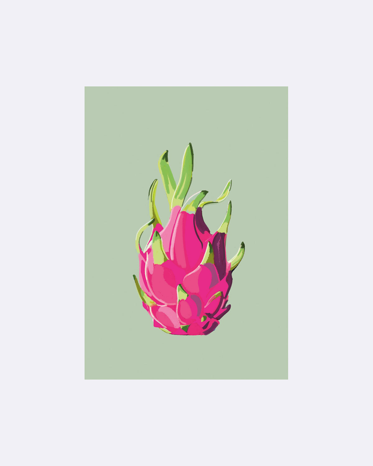 Postkarte mit Illustration einer pinken Drachenfrucht auf grünem Hintergrund