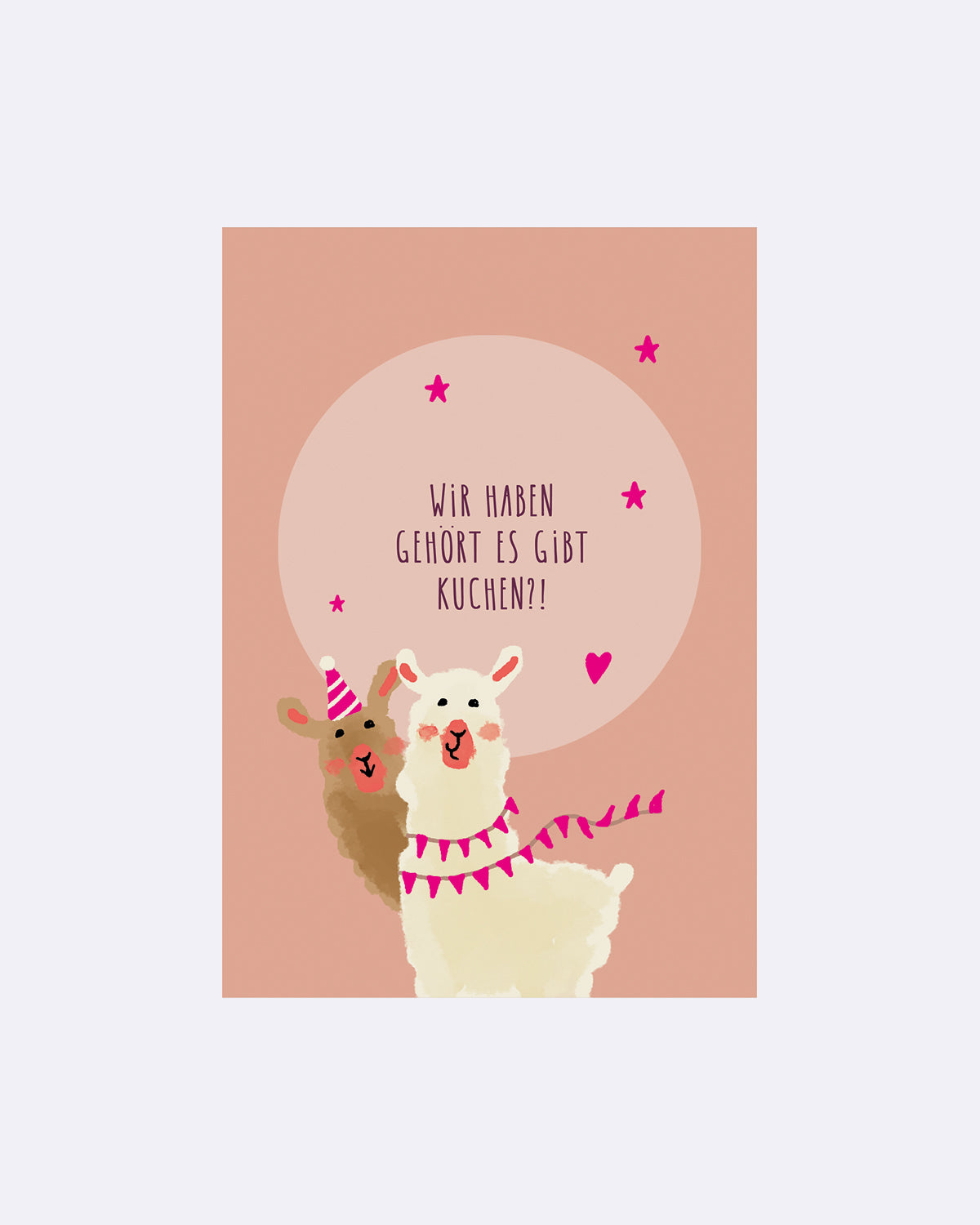 Postkarte mit zwei Alpakas und rosa Hintergrund mit Schriftzug "Wir haben gehört es gibt Kuchen"
