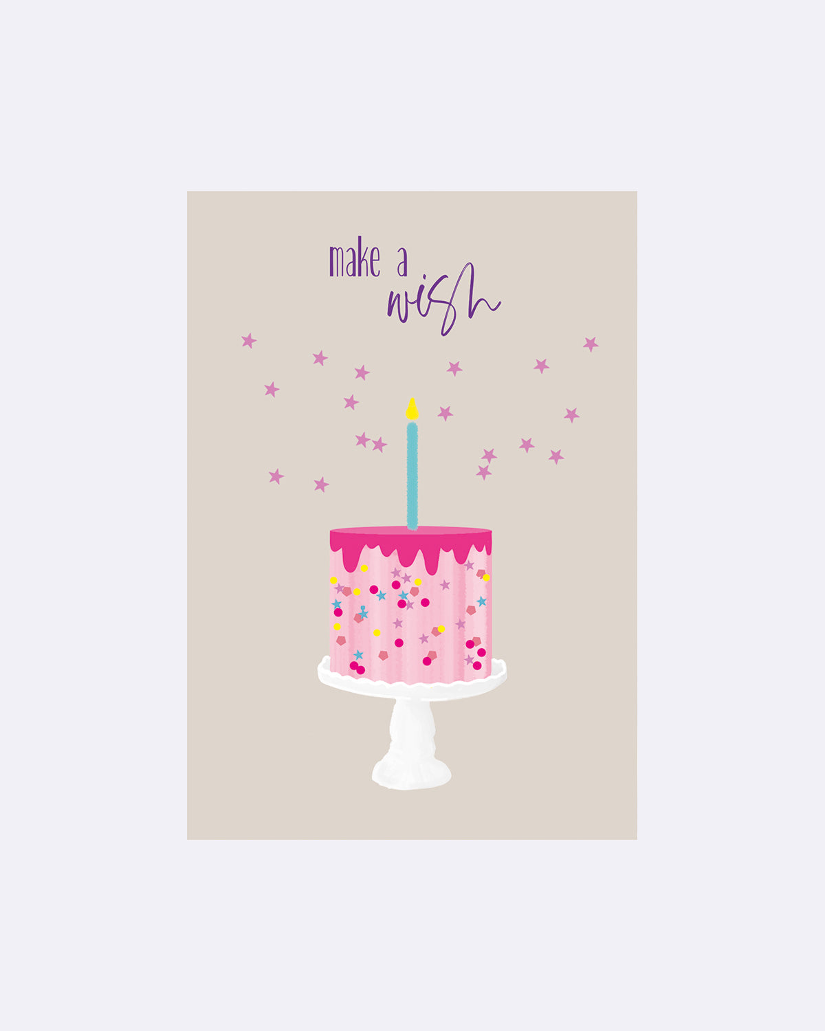 Postkarte mit pinker Torte und blauer Kerze mit Schriftzug "make a wish"