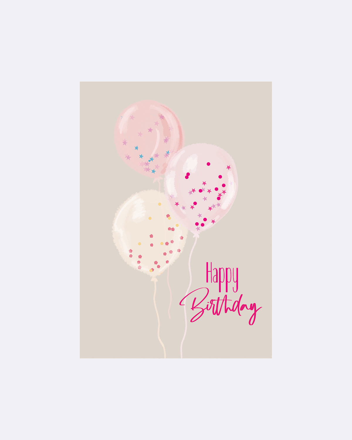 Postkarte mit drei Luftballons und bunten Sternen mit Schriftzug "Happy Birthday"