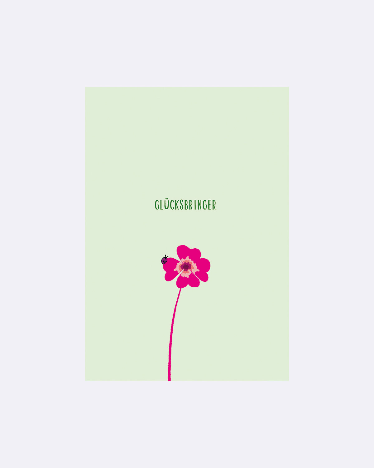 Postkarte in Hellgrün mit pinker Blume und Marienkäfer, Schriftzug "GLÜCKSBRINGER"