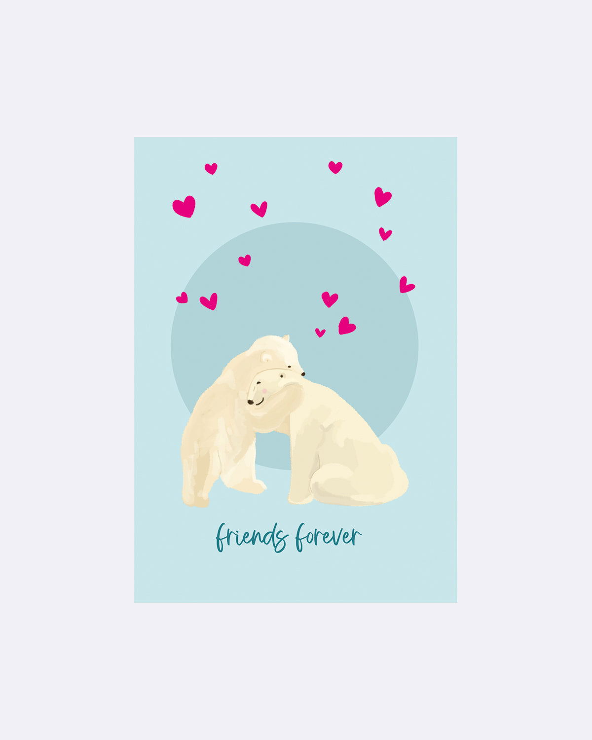 Postkarte mit Eisbären und pinken Herzen auf blauem Hintergrund mit Schriftzug "friends forever"