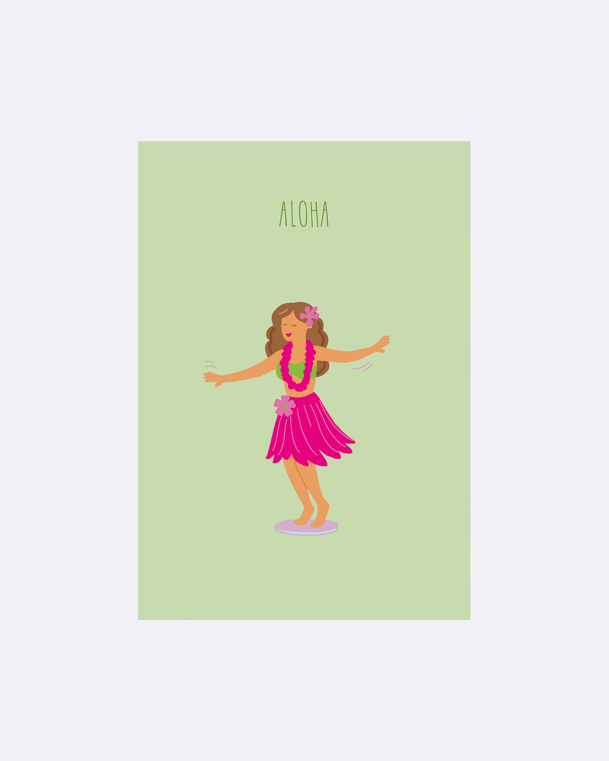 Postkarte mit tanzender Frau in pinkem Kleid und Schriftzug "ALOHA auf grünem Hintergrund"