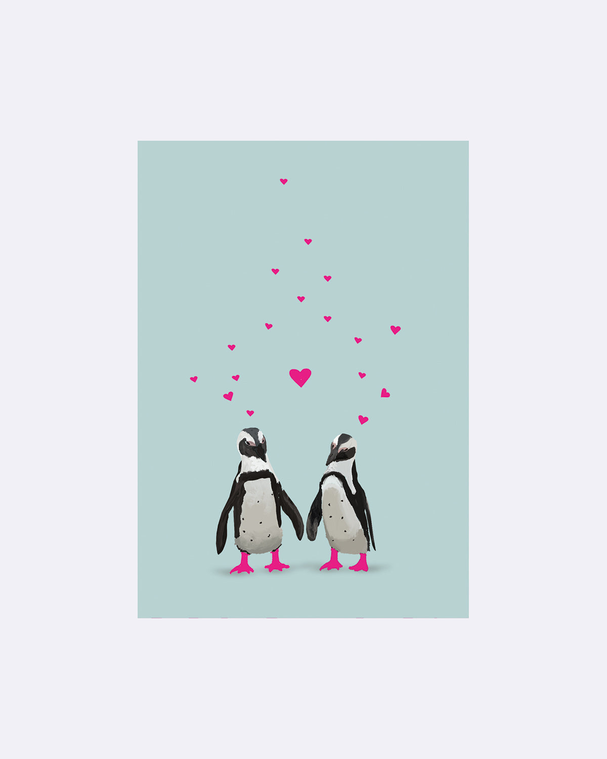 Postkarte mit zwei Pinguinen, die sich an den Flossen halten, umgeben von pinken Herzen