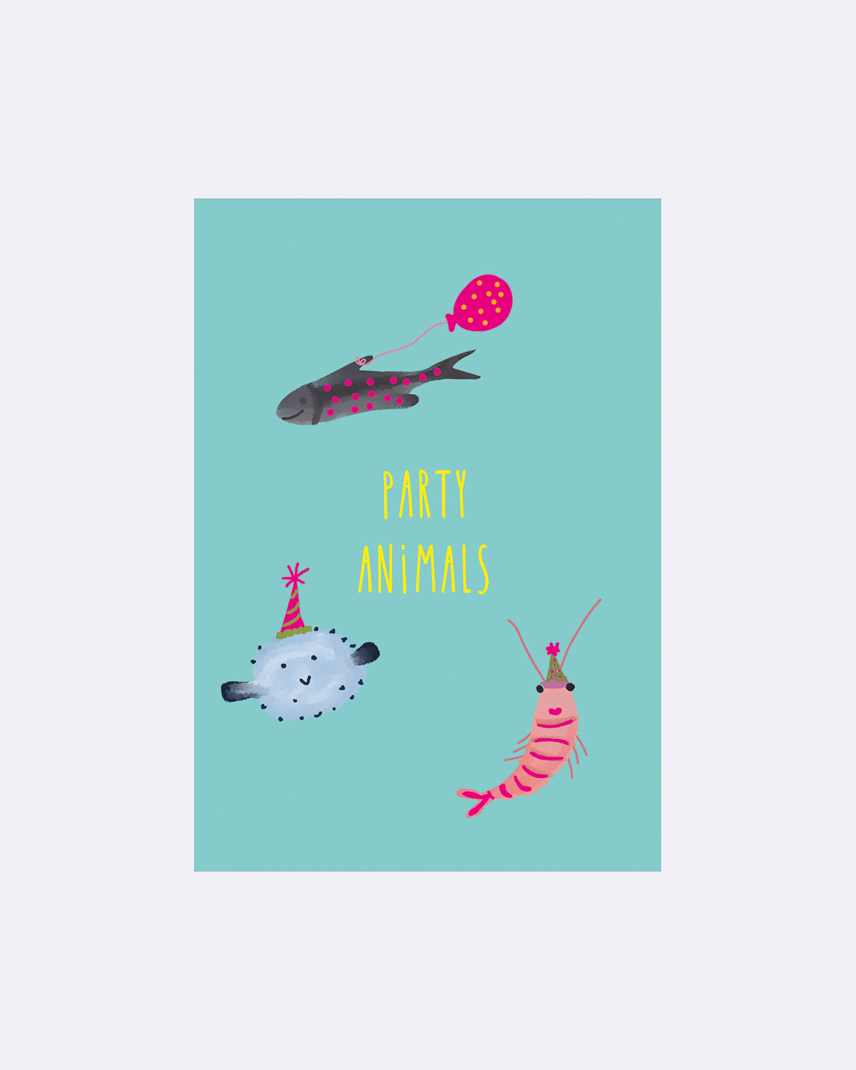 Postkarte mit bunten Party-Tieren und dem Schriftzug "PARTY ANIMALS"