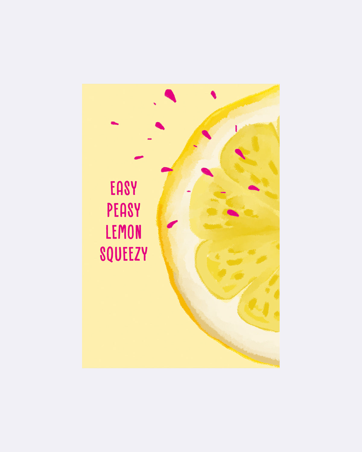 Postkarte mit geometrischem Lemomotiv und Schriftzug "EASY PEASY LEMON SQUEEZY" auf gelbem Hintergrund