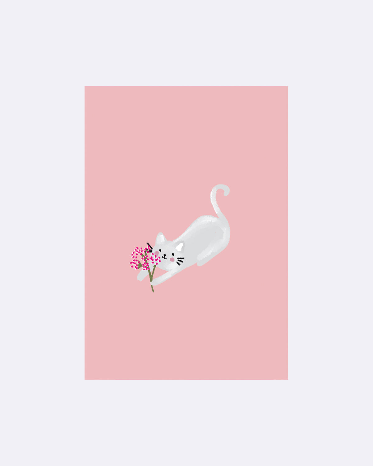 Postkarte mit einer weißen Katze, die einen Blumenstrauß auf pinkem Hintergrund hält