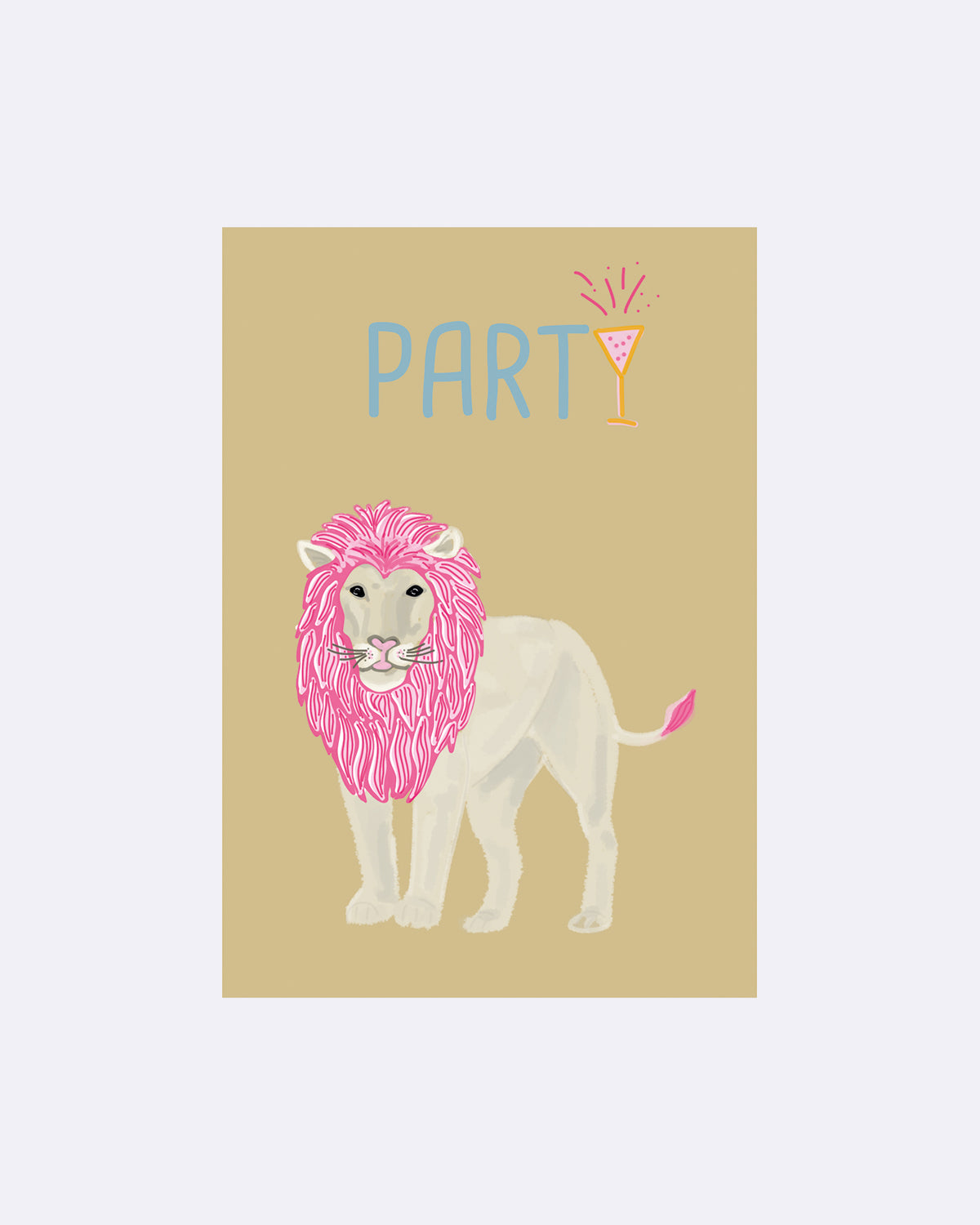 Postkarte mit Löwe in Rosa auf beigem Hintergrund und Schriftzug "PARTY"