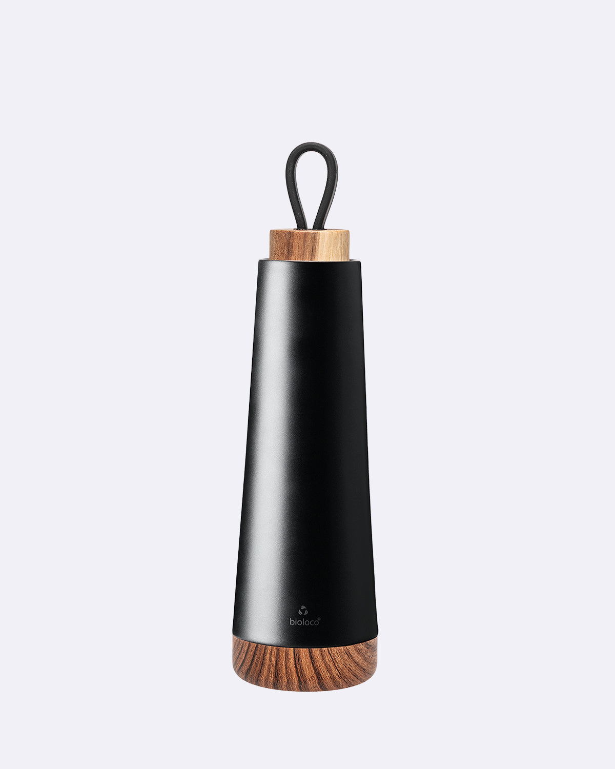 Isolierflasche in Schwarz mit Holzdeckel und schwarzer Schlaufe mit Schriftzug "bioloco"