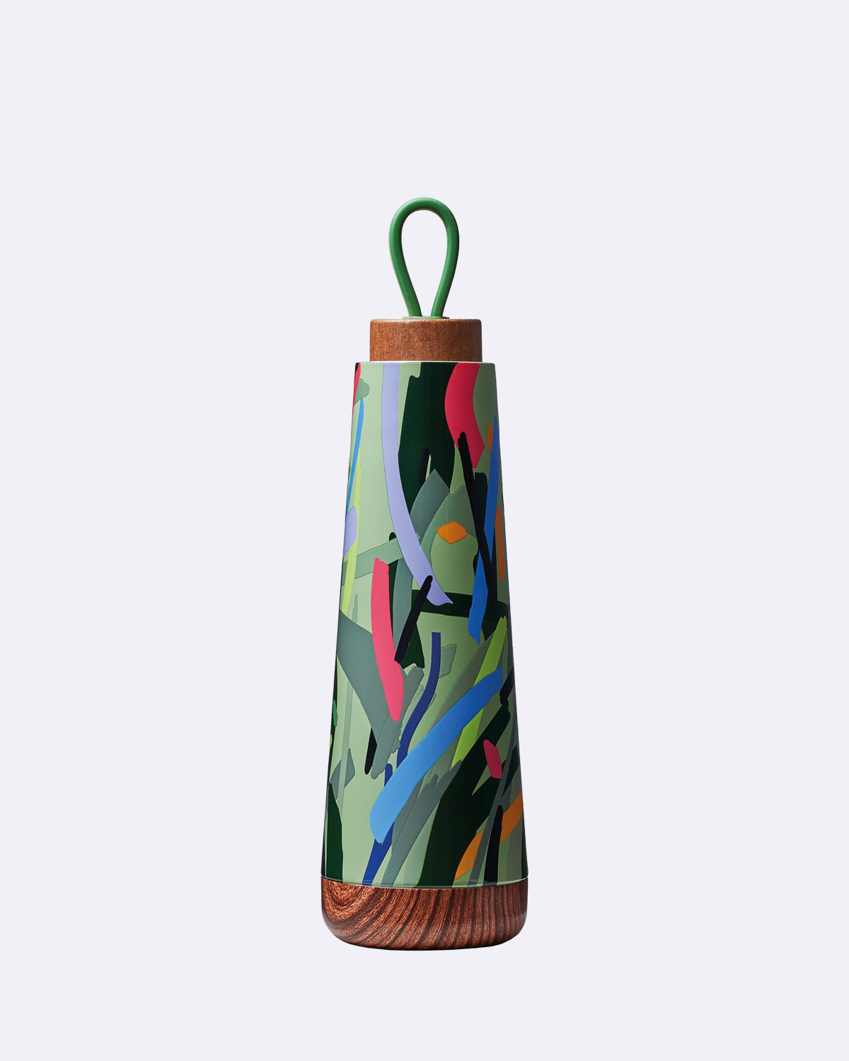 Trinkflasche mit Deckel aus Holz mit Trageschlaufe in buntem Muster