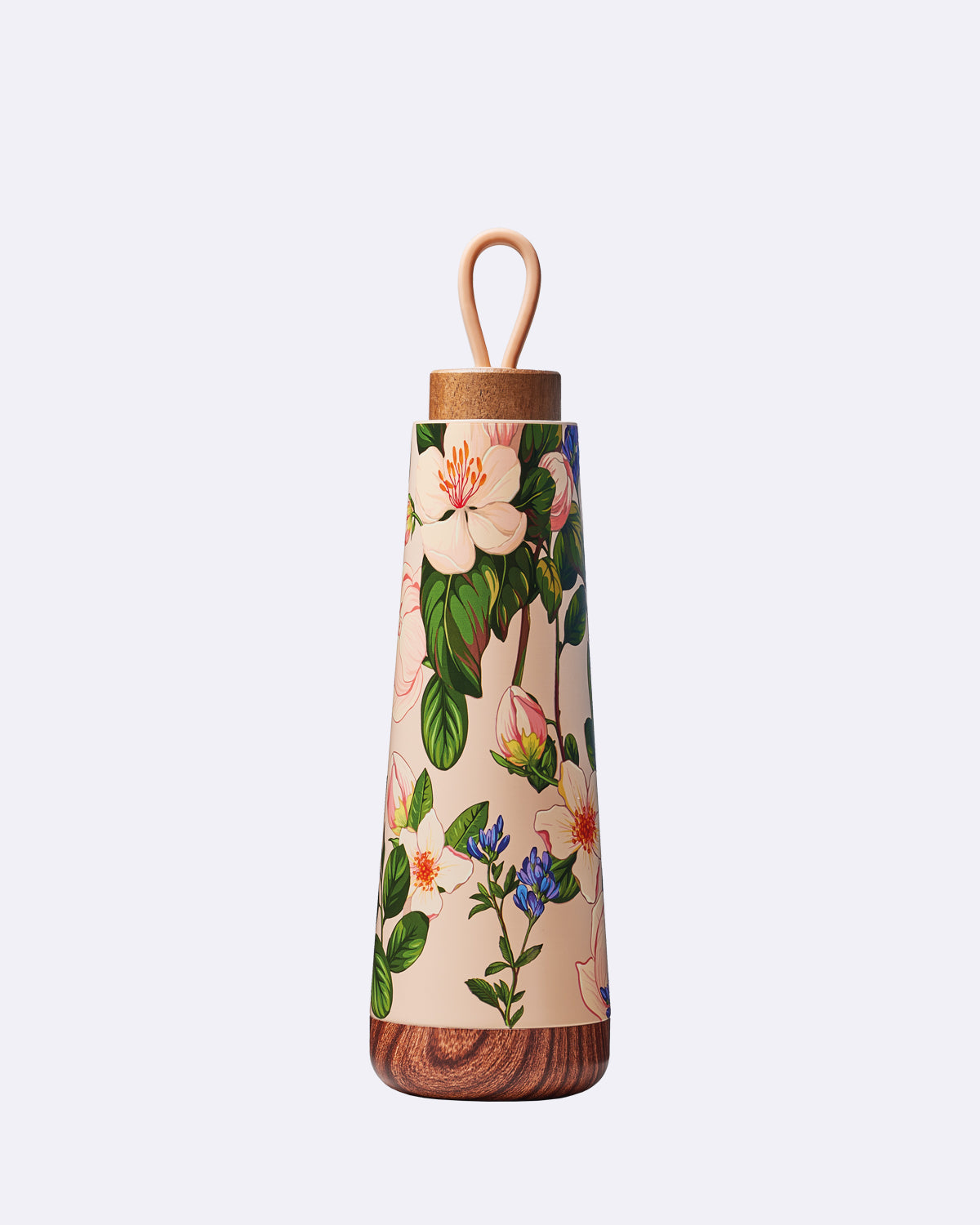 Trinkflasche mit Deckel aus Holz mit Trageschlaufe in hellbraun mit Blumenmuster