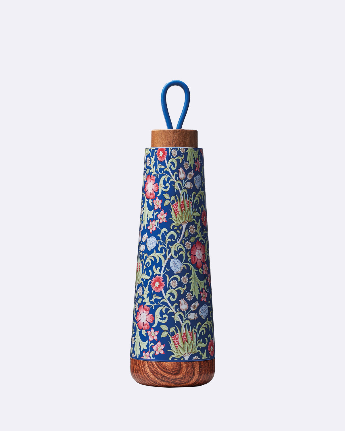 Trinkflasche mit Deckel aus Holz mit Trageschlaufe in blau mit Blumenmuster