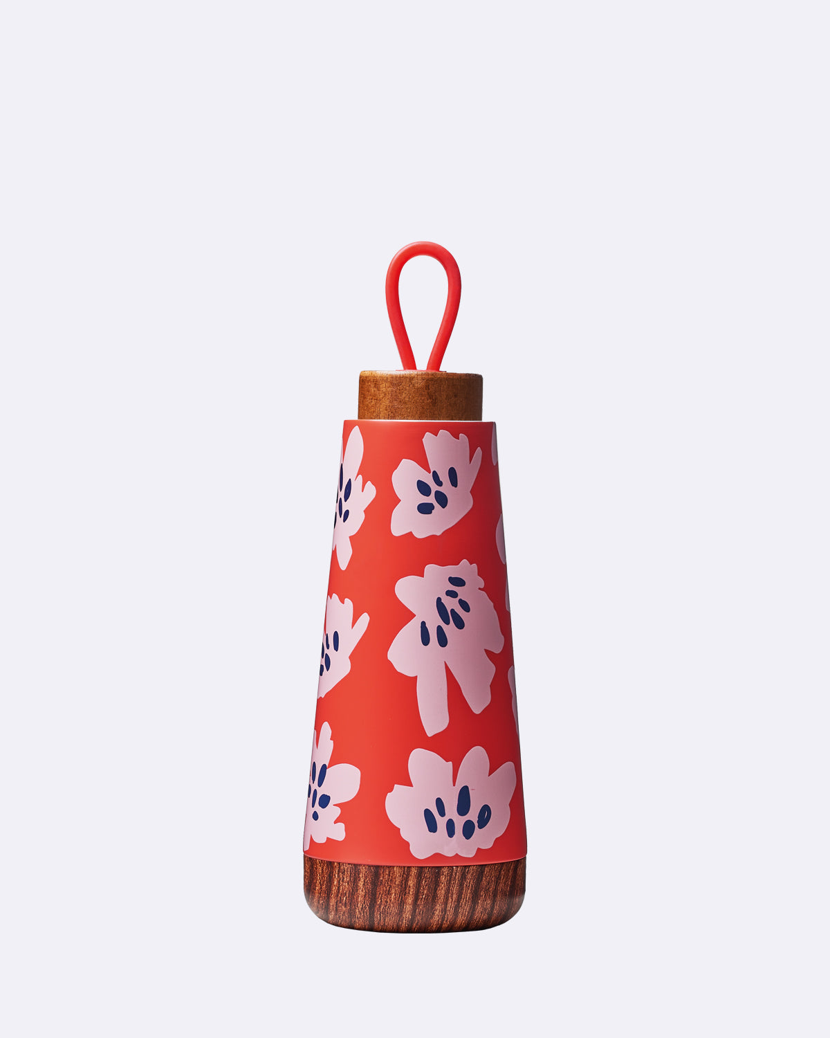 Trinkflasche mit Holzdeckel und Trageschlaufe in rot mit weißen Blumen