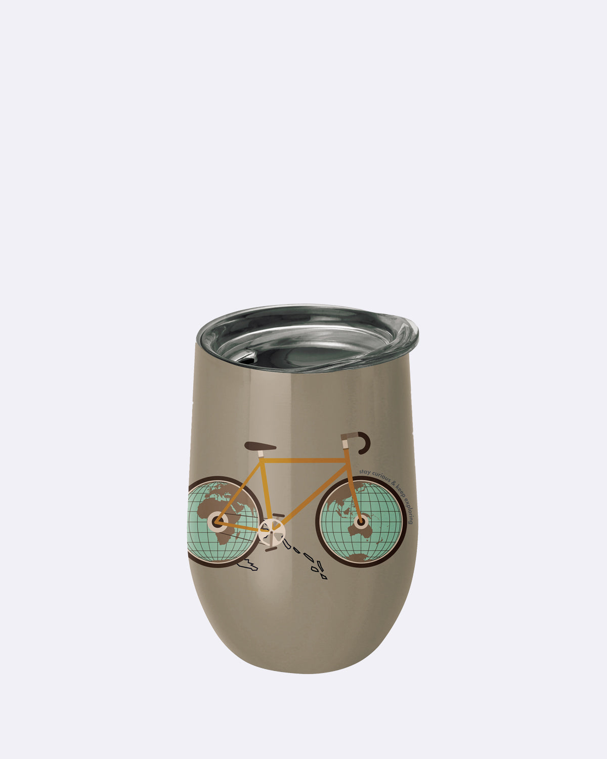 Kaffeebecher mit Deckel in Silber mit abgebildetem Fahrrad