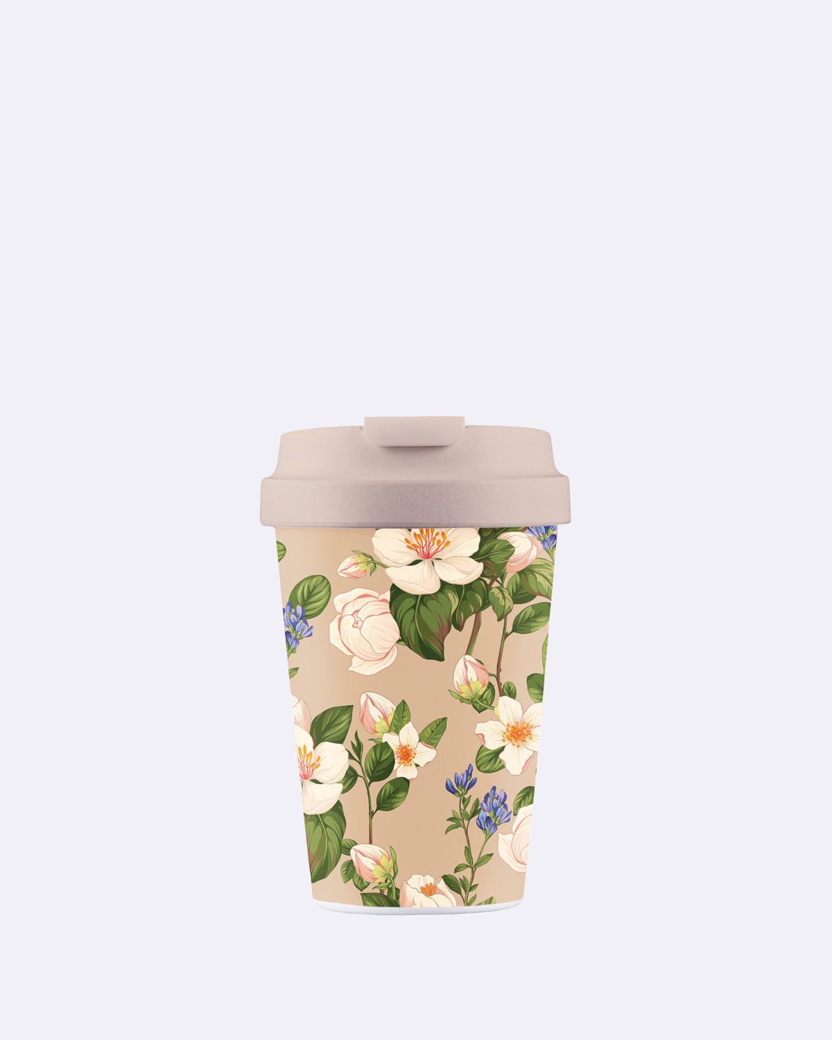 Kaffeebecher mit Deckel in beige mit Blumenmuster
