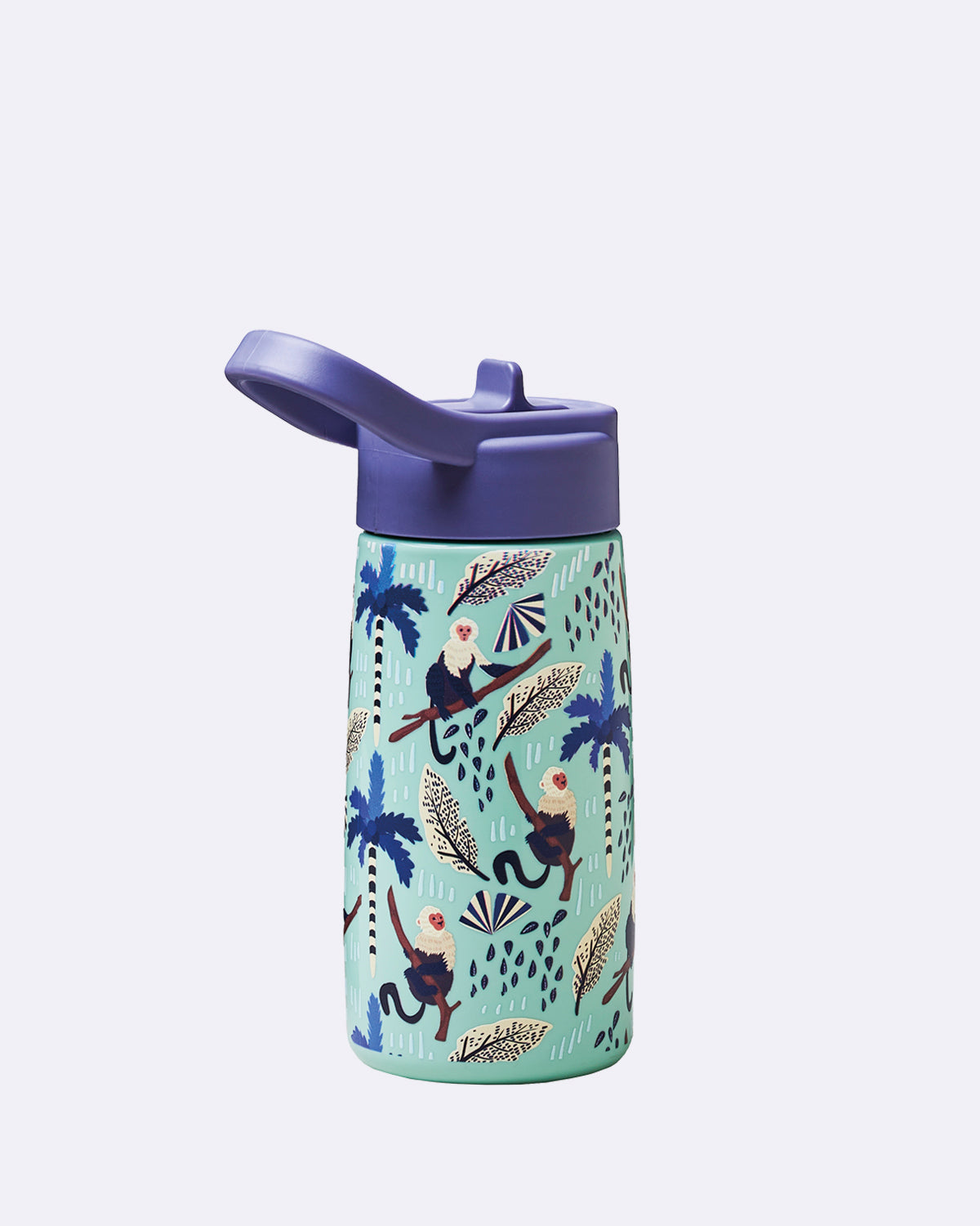 Trinkflasche mit Henkel in hellblau mit abgebildeten Affen