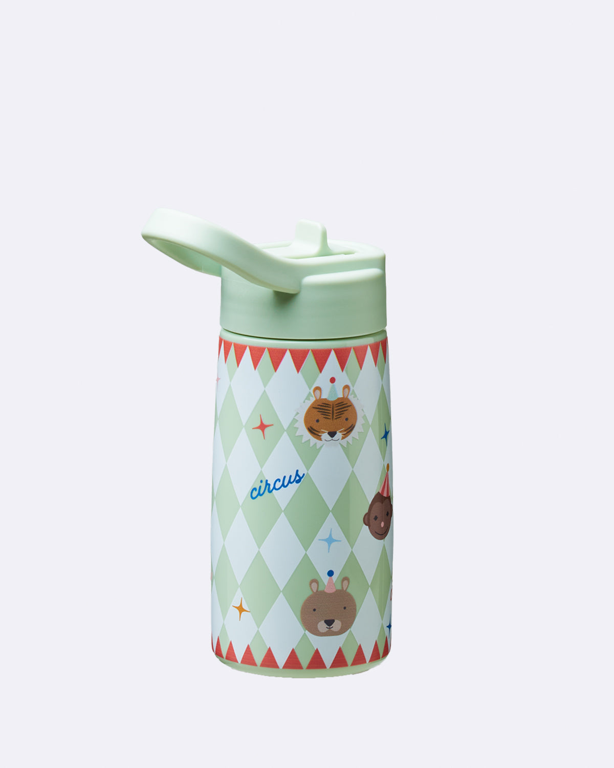 Trinkflasche mit Rautenmuster in Grün und Tiermotiven mit Schriftzug "circus"