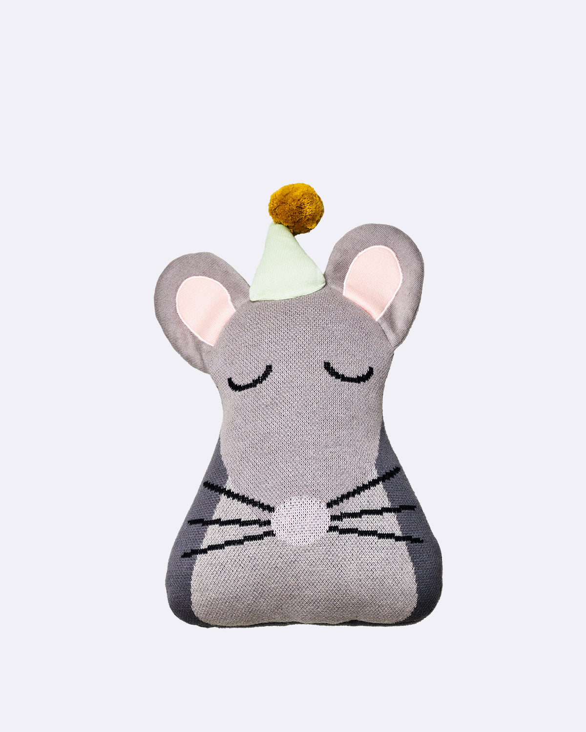 Kinderkissen aus grauem Stoff in Form einer Maus mit Partyhut und geschlossenen Augen