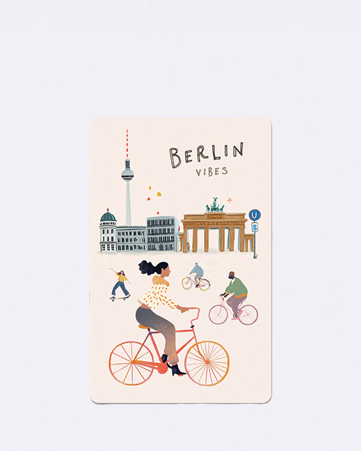 Mini Postkarte mit Illustrationen von Berliner Sehenswürdigkeiten und Personen mit Schriftzug "BERLIN VIBES"
