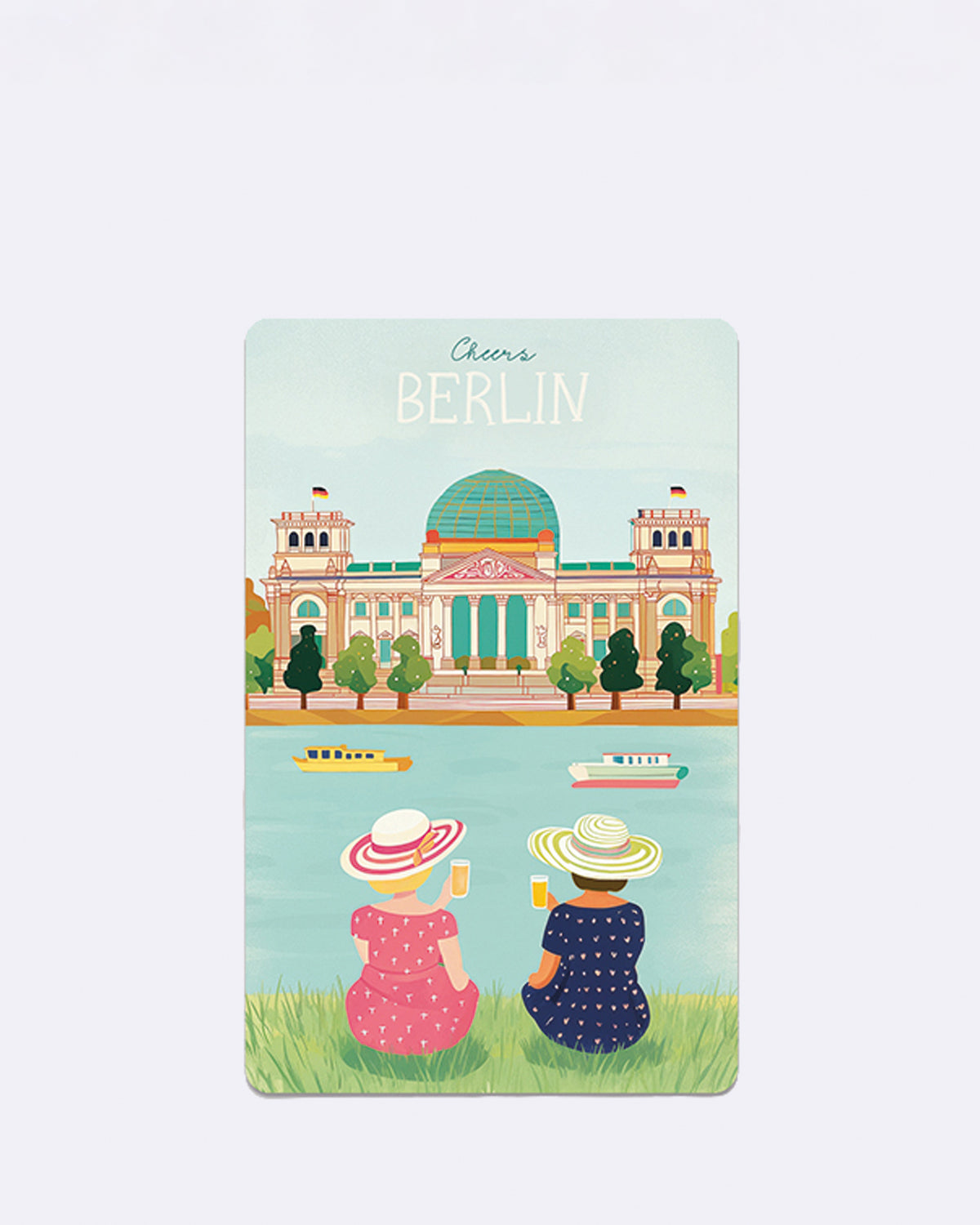 Postkarte mit Illustration von Frauen in bunten Kleidern vor Berliner Gebäude mit Schriftzug "Cheers BERLIN"