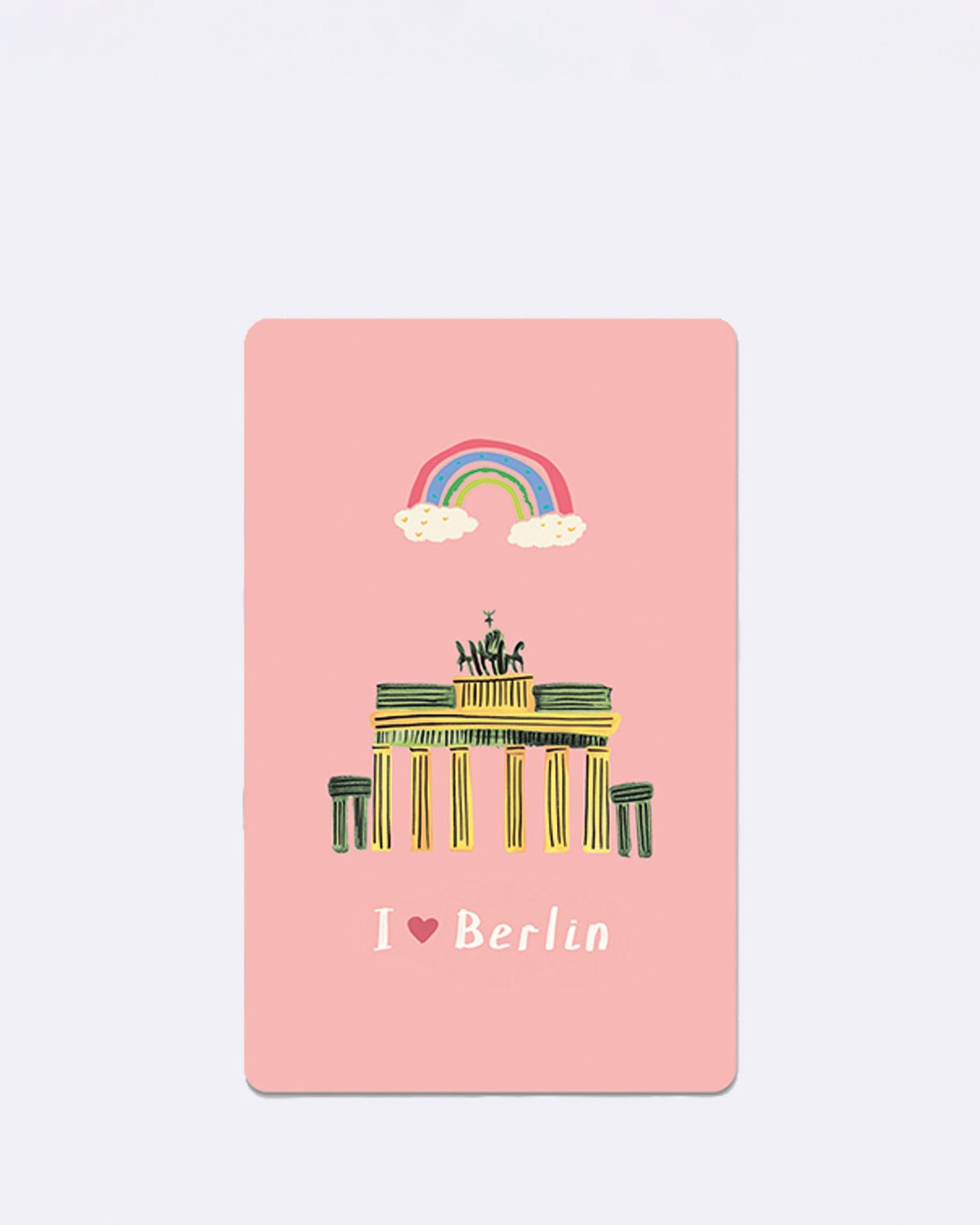 Mini Postkarte mit Brandenburger Tor und Regenbogen auf rosa Hintergrund mit Schriftzug "I ❤️ Berlin"