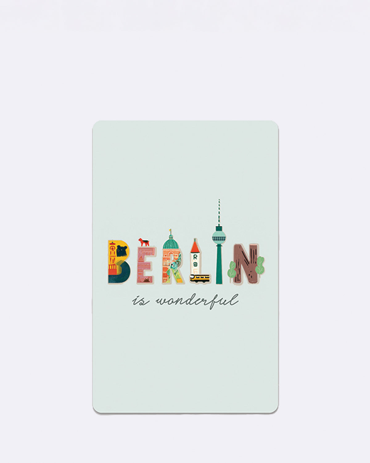 Mini Postkarte mit buntem Berlin-Motiv und Schriftzug "Berlin is wonderful"