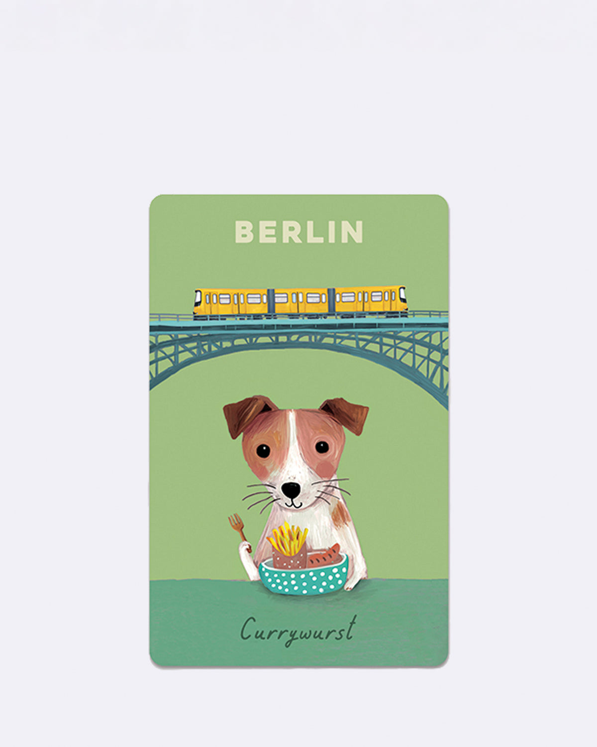 Postkarte mit Illustration eines Hundes und gelber Bahn auf grünem Hintergrund mit Schriftzug "Berlin Currywurst"