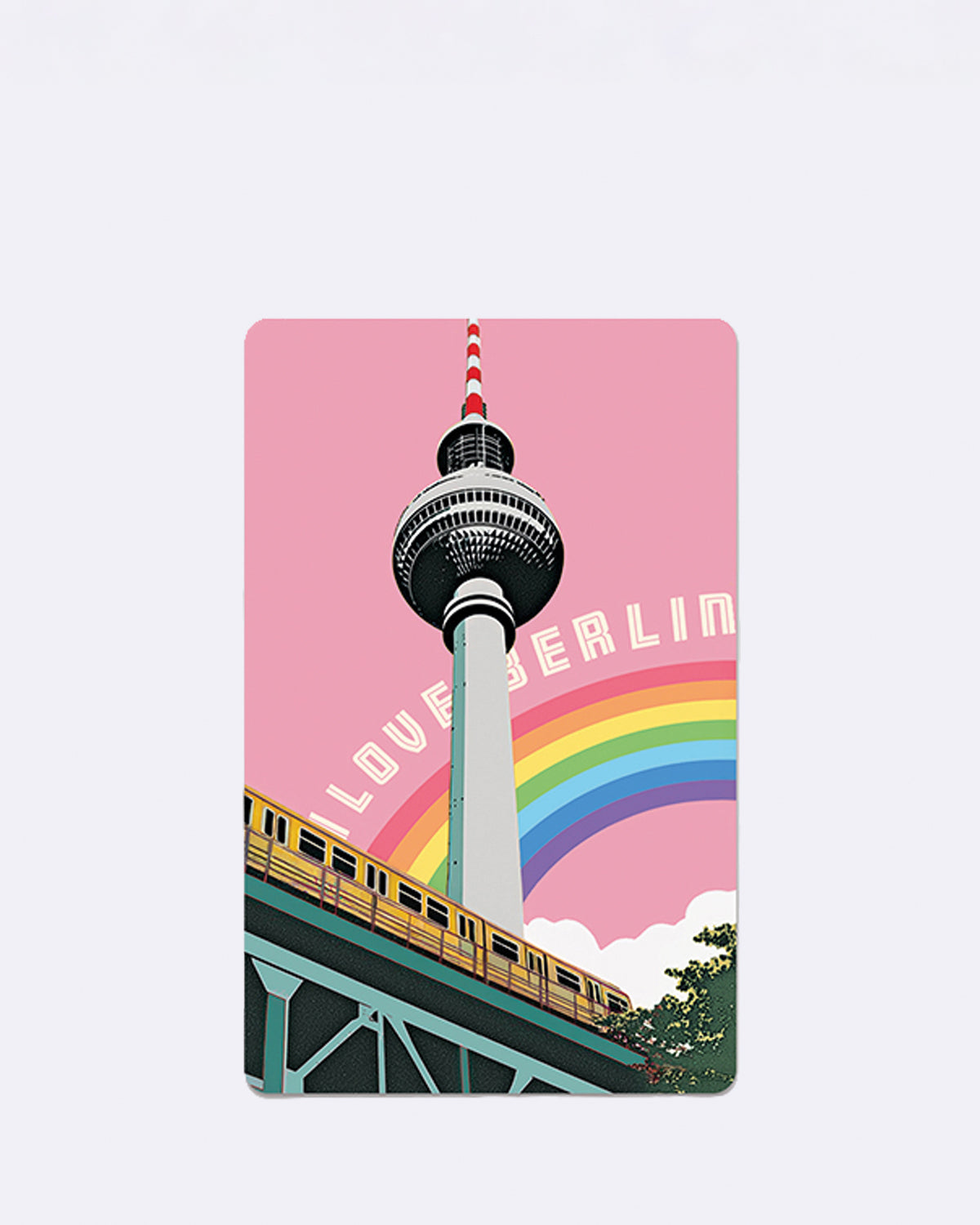 Mini Postkarte mit Fernsehturm und Regenbogen auf rosa Hintergrund mit Schriftzug "LOVE BERLIN"