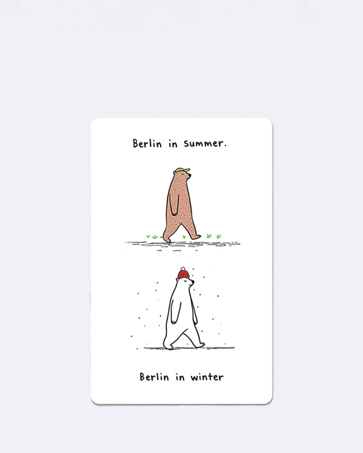 Postkarte mit zwei Bärenillustrationen und Schriftzug "Berlin in summer. Berlin in winter"