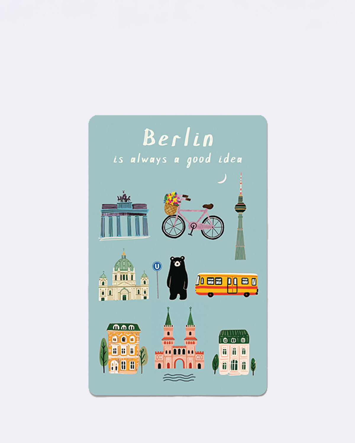 Mini Postkarte mit Illustrationen von Berlin-Symbolen auf hellblauem Hintergrund und Schriftzug "Berlin is always a good idea"